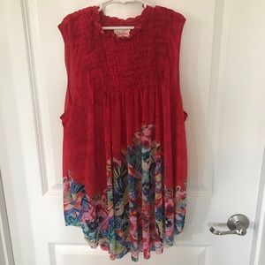 Anthropologie red tank top with birds and flowers